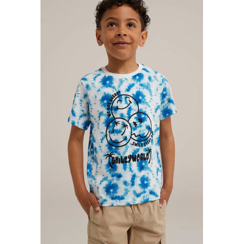 WE Fashion tie-dye T-shirt blauw wit zwart Jongens Katoen Ronde hals Tie-dye 158 164