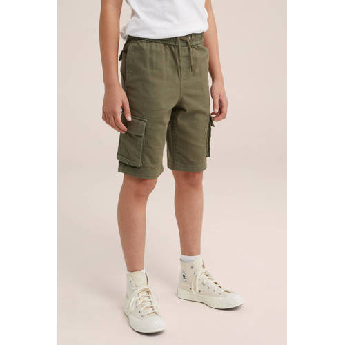 WE Fashion straight fit cargo short kaki Korte broek Groen Jongens Katoen 116