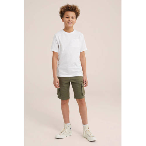 WE Fashion straight fit cargo short kaki Korte broek Groen Jongens Katoen 116