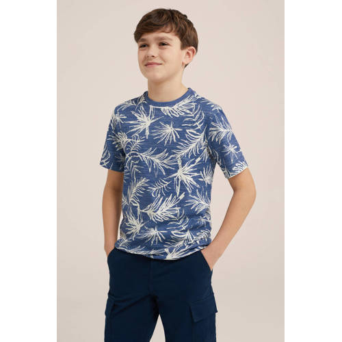 WE Fashion T-shirt met bladprint blauw Jongens Biologisch katoen Ronde hals 98 104