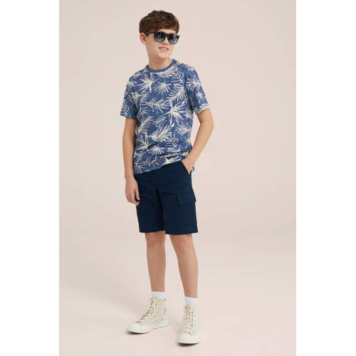 WE Fashion T-shirt met bladprint blauw Jongens Katoen Ronde hals Blad 98 104