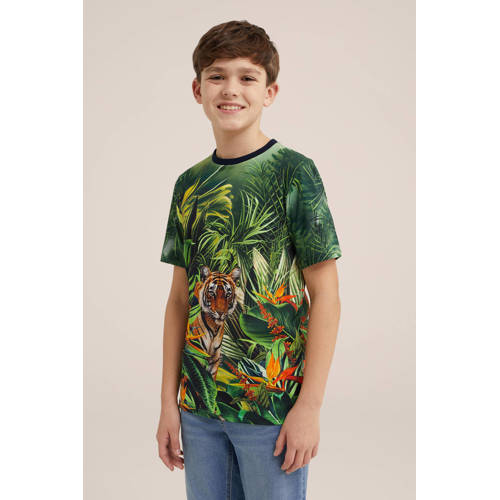 WE Fashion T-shirt met all over print groen Jongens Biologisch katoen Ronde hals 92