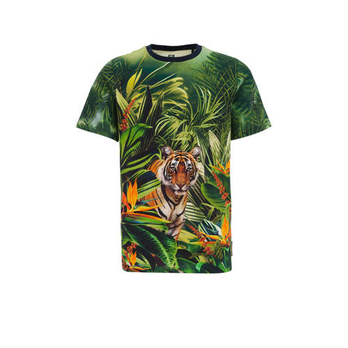 WE Fashion T-shirt met all over print groen Jongens Biologisch katoen Ronde hals