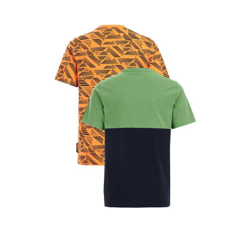 WE Fashion T-shirt set van 2 oranje groen Jongens Katoen Ronde hals Meerkleurig 110 116