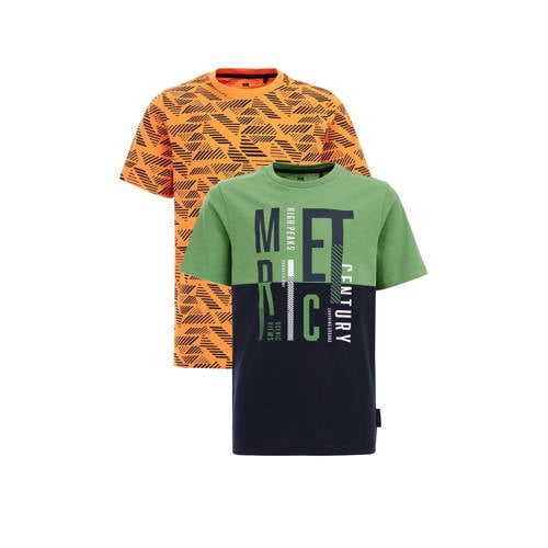WE Fashion T-shirt - set van 2 oranje/groen Jongens Katoen Ronde hals Meerkleurig
