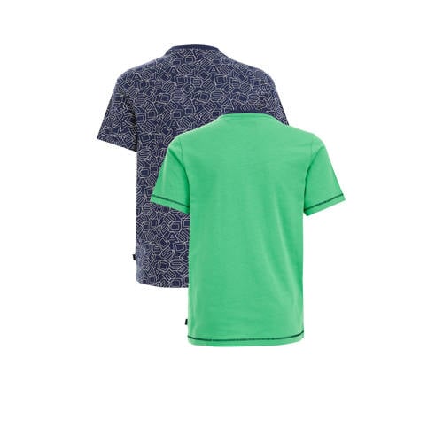 WE Fashion T-shirt set van 2 groen blauw Jongens Katoen Ronde hals Tekst 110 116