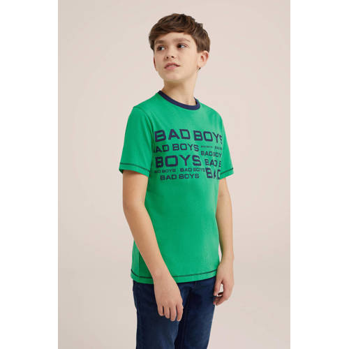 WE Fashion T-shirt set van 2 groen blauw Jongens Katoen Ronde hals Tekst 110 116