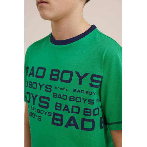 WE Fashion T-shirt set van 2 groen blauw Jongens Katoen Ronde hals Tekst 110 116
