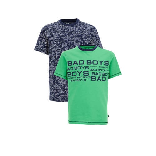 WE Fashion T-shirt - set van 2 groen/blauw Jongens Katoen Ronde hals Tekst