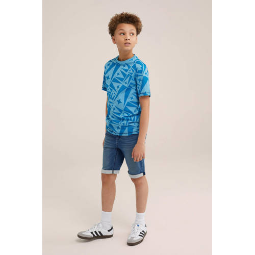 WE Fashion T-shirt met printopdruk set van 2 blauw turquoise Jongens Katoen Ronde hals 110 116