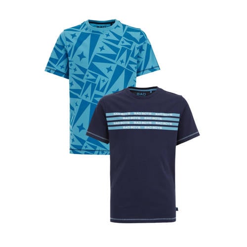WE Fashion T-shirt met printopdruk - set van 2 - blauw/turquoise Jongens Katoen Ronde hals