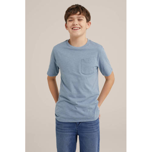 WE Fashion T-shirt grijsblauw Jongens Biologisch katoen Ronde hals Effen 92