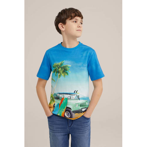 WE Fashion T-shirt met all over print blauw Jongens Biologisch katoen Ronde hals 98 104