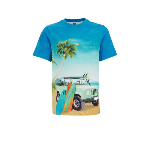 WE Fashion T-shirt met all over print blauw Jongens Biologisch katoen Ronde hals