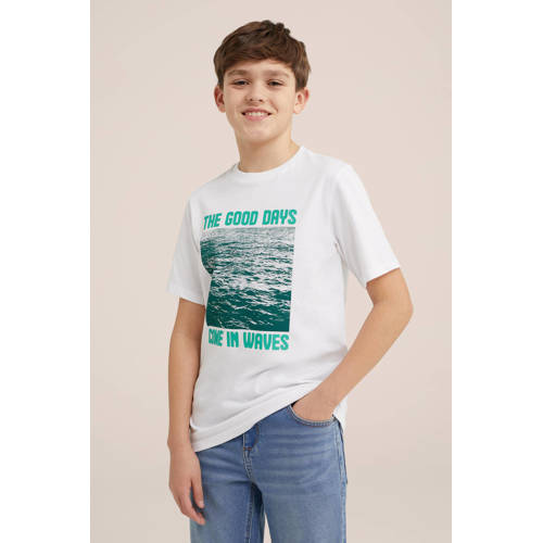 WE Fashion T-shirt met printopdruk wit groen Jongens Katoen Ronde hals 98 104