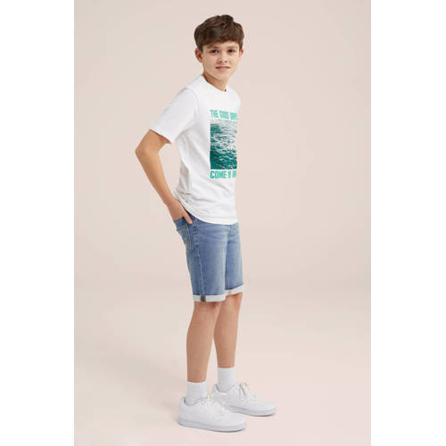 WE Fashion T-shirt met printopdruk wit groen Jongens Katoen Ronde hals 98 104