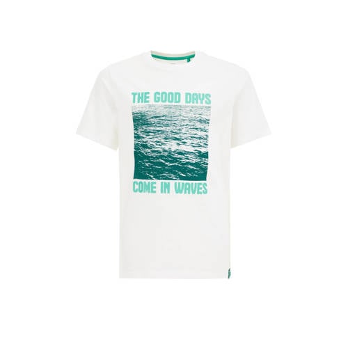 WE Fashion T-shirt met printopdruk wit/groen Jongens Katoen Ronde hals