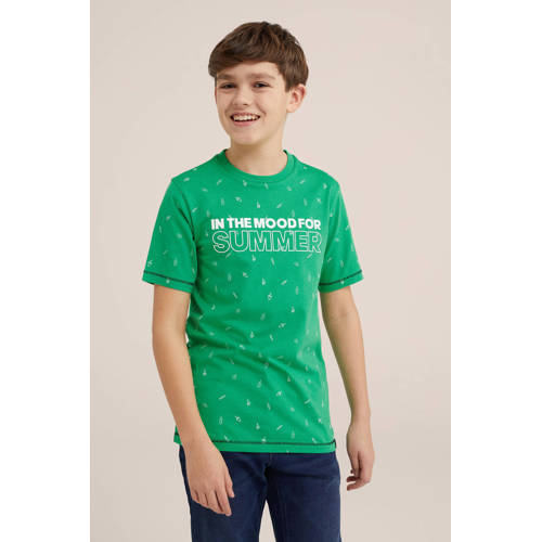 WE Fashion T-shirt met all over print groen wit Jongens Biologisch katoen Ronde hals 98 104