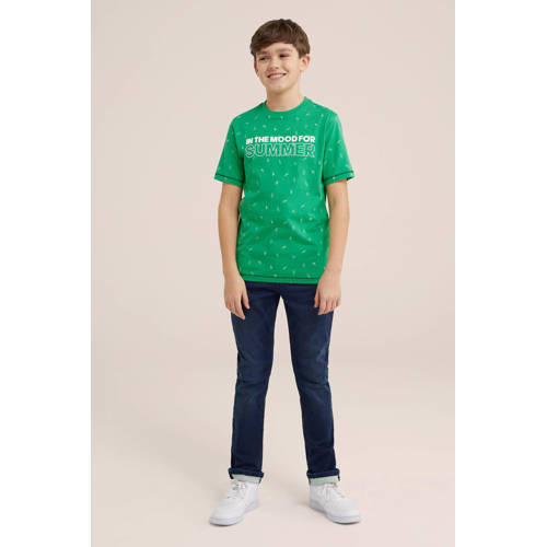 WE Fashion T-shirt met all over print groen wit Jongens Biologisch katoen Ronde hals 98 104