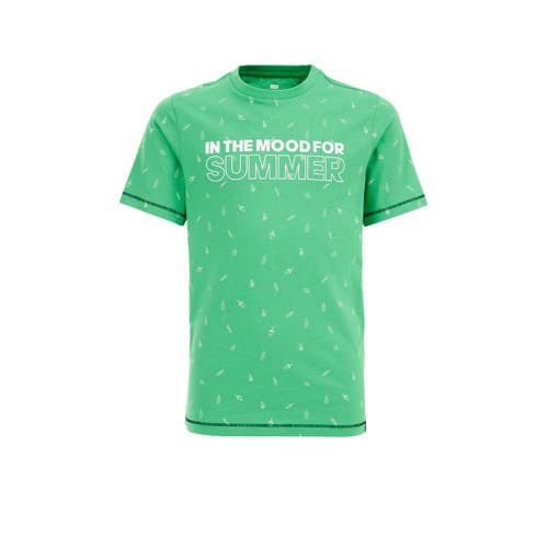 WE Fashion T-shirt met all over print groen/wit Jongens Katoen Ronde hals - 110/116