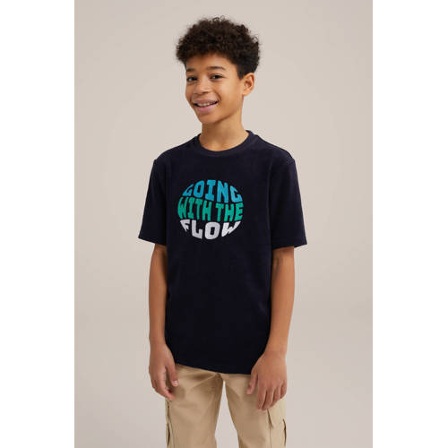WE Fashion T-shirt met printopdruk zwart blauw groen Jongens Katoen Ronde hals 98 104