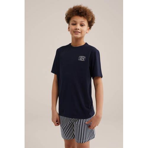 WE Fashion gestreepte shortama blauw Jongens Stretchkatoen Ronde hals Streep 110 116