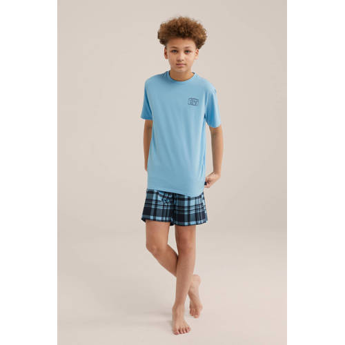 WE Fashion gestreepte shortama blauw Jongens Stretchkatoen Ronde hals Streep 110 116