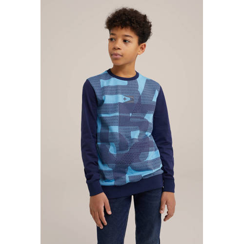 WE Fashion longsleeve blauw donkerblauw Jongens Katoen Ronde hals Meerkleurig 98 104