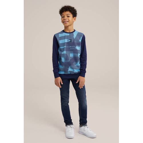 WE Fashion longsleeve blauw donkerblauw Jongens Katoen Ronde hals Meerkleurig 98 104
