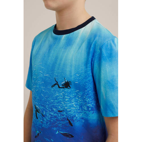 WE Fashion T-shirt met all over print multi Blauw Jongens Biologisch katoen Ronde hals 98 104