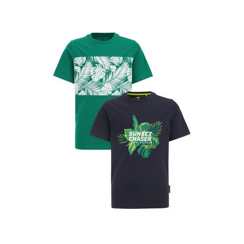 WE Fashion T-shirt - set van 2 groen/zwart Jongens Katoen Ronde hals Printopdruk