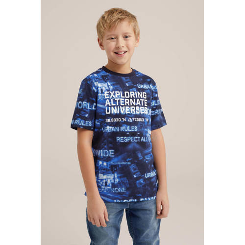 WE Fashion T-shirt met all over print blauw Jongens Biologisch katoen Ronde hals 92