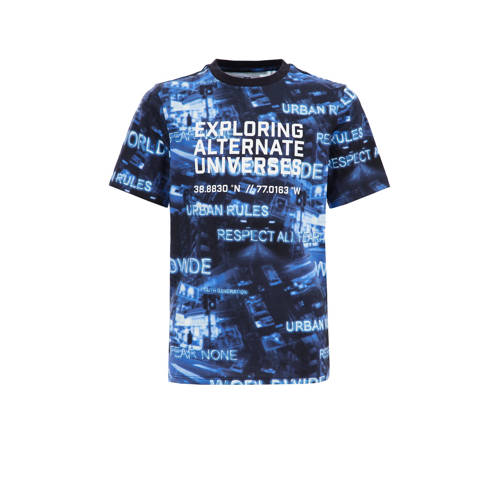 WE Fashion T-shirt met all over print blauw Jongens Biologisch katoen Ronde hals