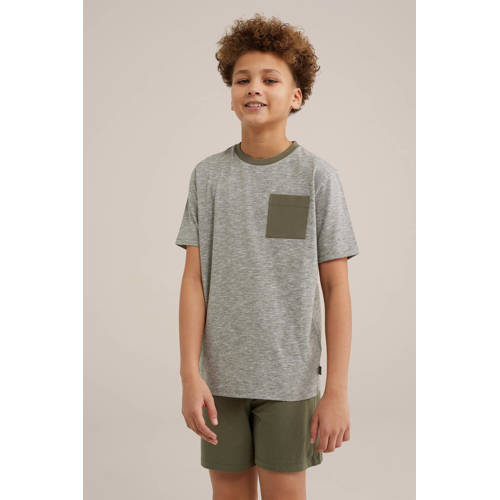 WE Fashion gestreepte shortama kaki Groen Jongens Stretchkatoen Ronde hals 110 116