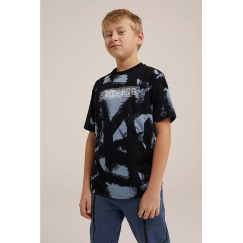 WE Fashion T-shirt met all over print zwart grijsblauw Jongens Biologisch katoen Ronde hals 110 116