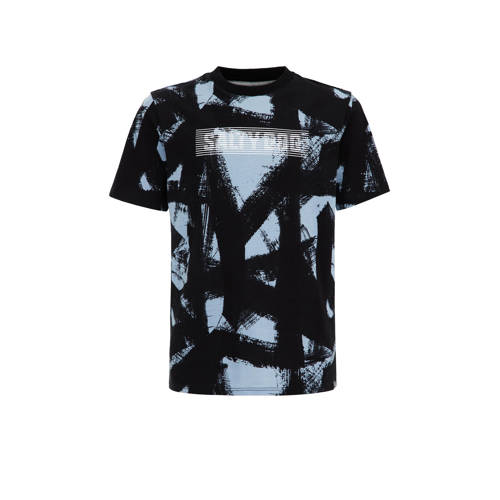 WE Fashion T-shirt met all over print zwart/grijsblauw Jongens Biologisch katoen Ronde hals