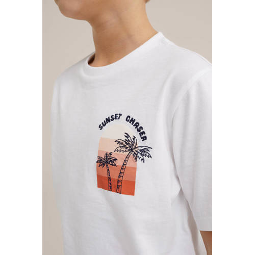WE Fashion T-shirt met printopdruk wit Jongens Biologisch katoen Ronde hals 98 104