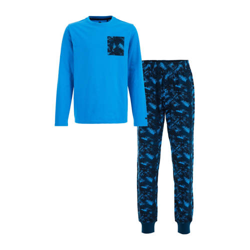 WE Fashion pyjama met all over print blauw Jongens Stretchkatoen Ronde hals