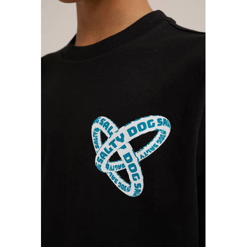 WE Fashion T-shirt met printopdruk zwart Jongens Biologisch katoen Ronde hals 110 116