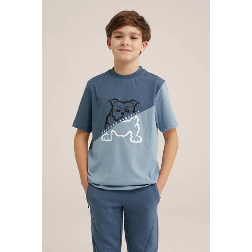 WE Fashion Salty Dog T-shirt grijsblauw Jongens Biologisch katoen Ronde hals 110 116