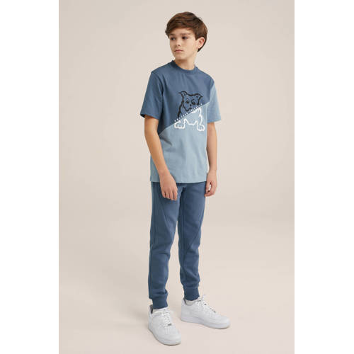 WE Fashion T-shirt grijsblauw Jongens Katoen Ronde hals Meerkleurig 110 116