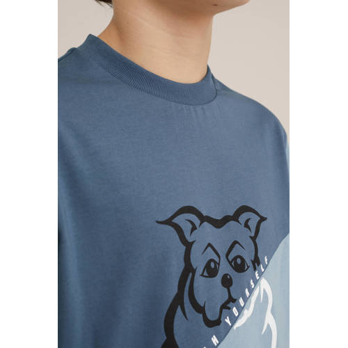 WE Fashion T-shirt grijsblauw Jongens Biologisch katoen Ronde hals Meerkleurig 110 116