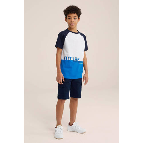 WE Fashion T-shirt blauw wit Jongens Katoen Ronde hals Meerkleurig 98 104