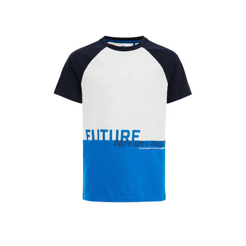 WE Fashion T-shirt blauw/wit Jongens Biologisch katoen Ronde hals Meerkleurig