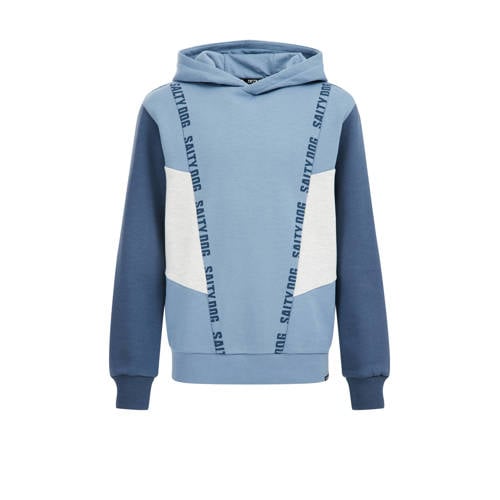 WE Fashion trui met tekst donkerblauw/lichtblauw/wit Jongens Katoen Capuchon