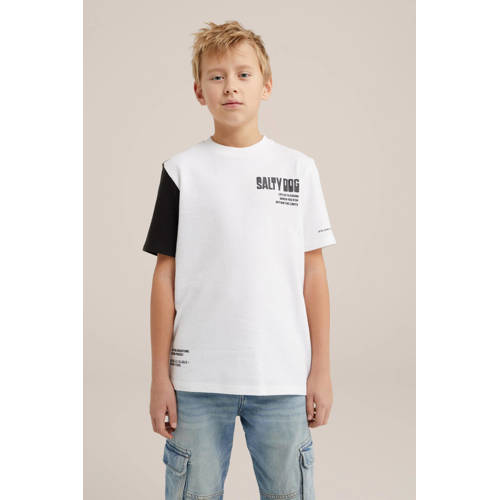 WE Fashion T-shirt wit zwart Jongens Katoen Ronde hals Meerkleurig 110 116