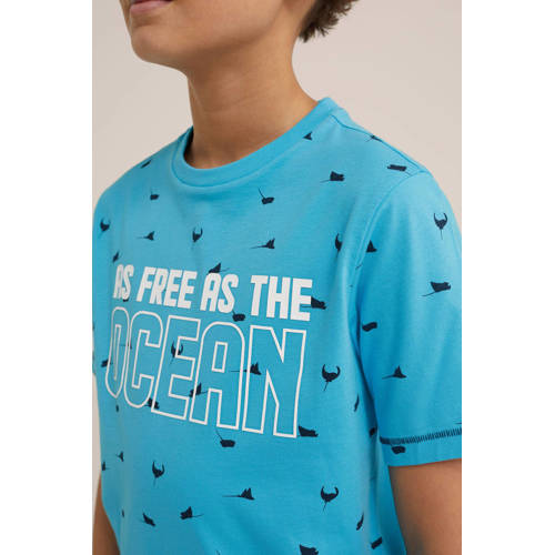 WE Fashion T-shirt met all over print blauw donkerblauw Jongens Biologisch katoen Ronde hals 98 104