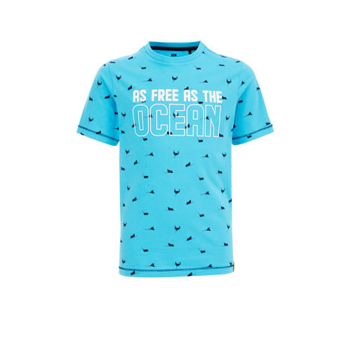 WE Fashion T-shirt met all over print blauw/donkerblauw Jongens Biologisch katoen Ronde hals
