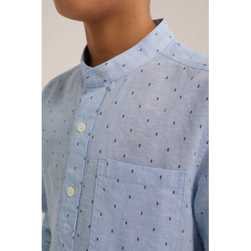 WE Fashion overhemd met all over print lichtblauw Jongens Linnen Ronde hals 92