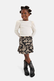thumbnail: Zwart en beige meisjes Shoeby rok met grafische print gemaakt van polyester en met elastische tailleband